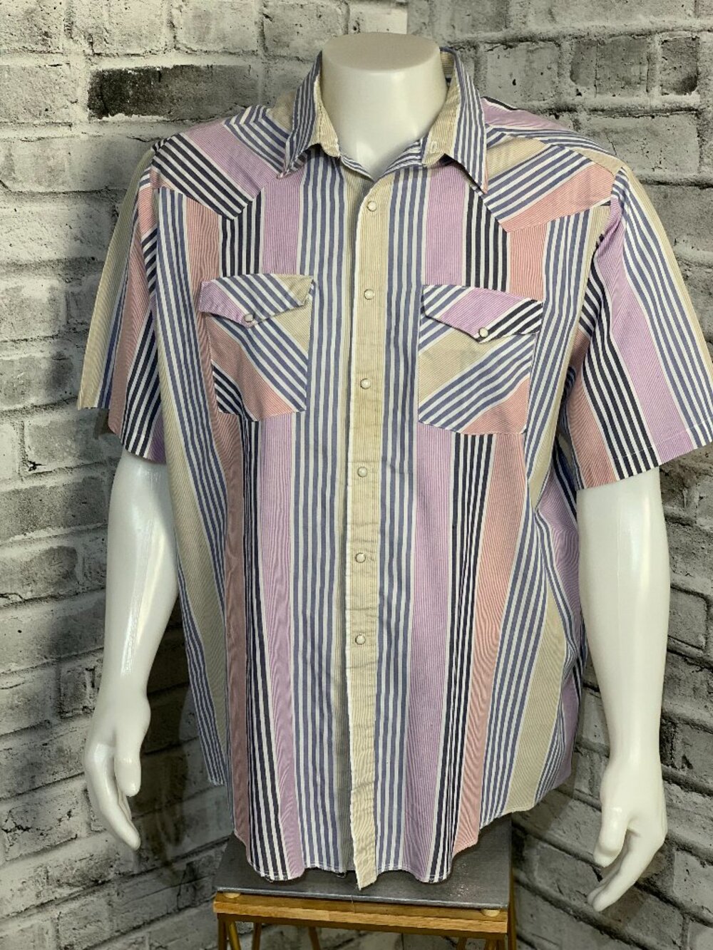 Vtg Western Frontier Pearl Snap Casual Shirt Men 3X Striped Short Sleeve USA 90s